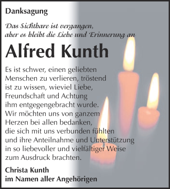 Traueranzeige von Alfred Kunth von WVG - Wochenspiegel NMB / WSF / ZTZ