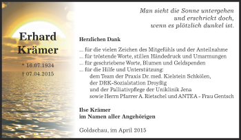 Traueranzeige von Erhard Krämer von Super Sonntag Zeitz