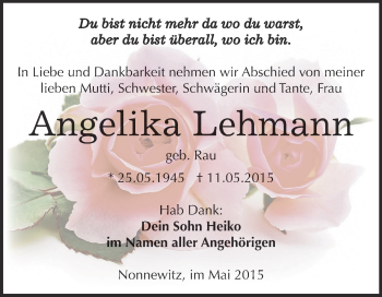 Traueranzeige von Angelika Lehmann von Super Sonntag Zeitz