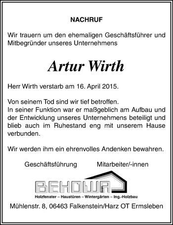 Traueranzeige von Artur Wirth von Mitteldeutsche Zeitung