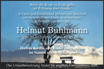 Traueranzeige von Helmut Buhlmann von WVG - Wochenspiegel Merseburg