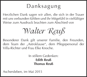 Traueranzeige von Walter Reuß von Super Sonntag Aschersleben