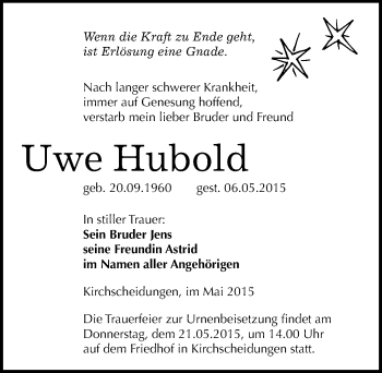 Traueranzeige von Uwe Hubold von Mitteldeutsche Zeitung Naumburg/Nebra