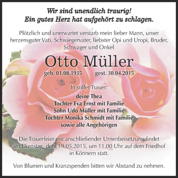 Traueranzeige von Otto Müller von Super Sonntag Bernburg