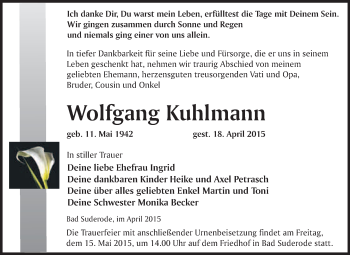Traueranzeige von Wolfgang Kuhlmann von WVG - Wochenspiegel Quedlinburg