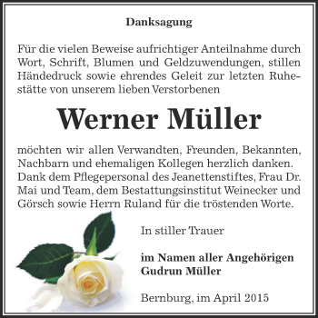 Traueranzeige von Werner Müller von Super Sonntag Bernburg
