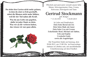 Traueranzeige von Gertrud Stockmann von WVG - Wochenspiegel Dessau / Köthen