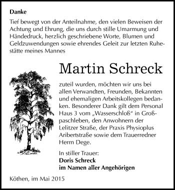 Traueranzeige von Martin Schreck von Mitteldeutsche Zeitung Köthen