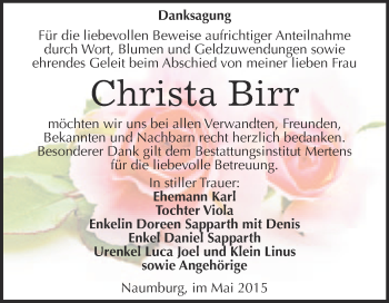 Traueranzeige von Christa Birr von WVG - Wochenspiegel NMB / WSF / ZTZ