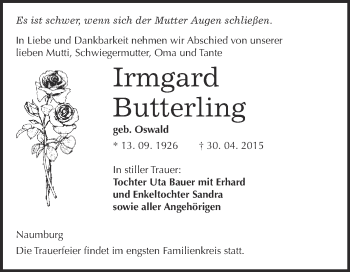 Traueranzeige von Irmgard Butterling von WVG - Wochenspiegel NMB / WSF / ZTZ