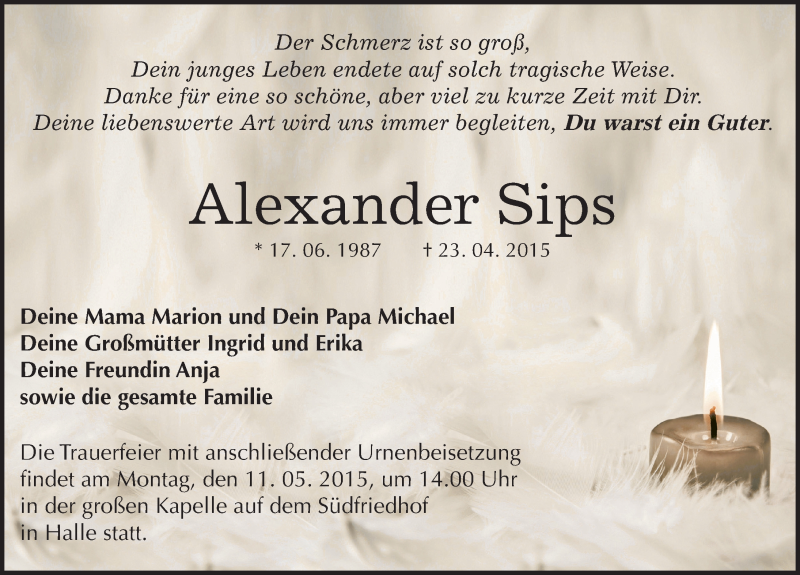  Traueranzeige für Alexander Sips vom 06.05.2015 aus Mitteldeutsche Zeitung Halle/Saalkreis