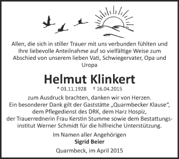Traueranzeige von Helmut Klinkert von Super Sonntag Quedlinburg