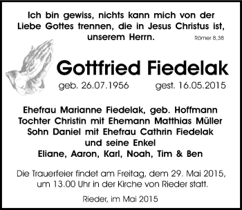 Traueranzeige von Gottfried Fiedelak von Mitteldeutsche Zeitung Quedlinburg
