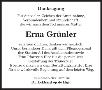 Traueranzeige von Erna Grünler von WVG - Wochenspiegel Dessau / Köthen