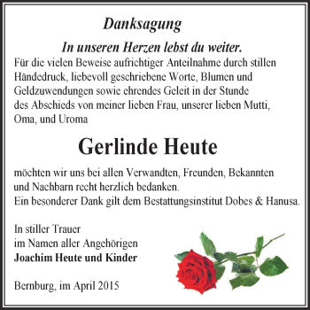 Traueranzeige von Gerlinde Heute von Super Sonntag Bernburg