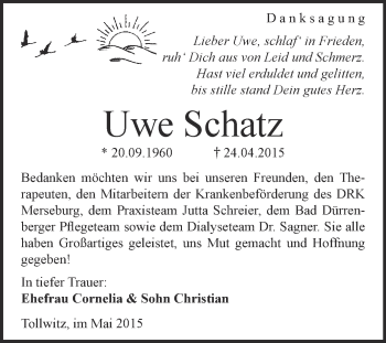 Traueranzeige von Uwe Schatz von Super Sonntag Merseburg