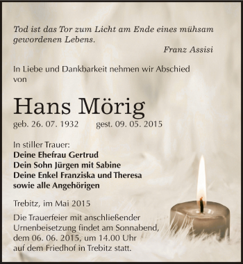 Traueranzeige von Hans Mörig von Mitteldeutsche Zeitung Wittenberg