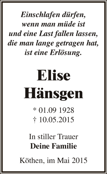 Traueranzeige von Elise Hänsgen von WVG - Wochenspiegel Dessau / Köthen