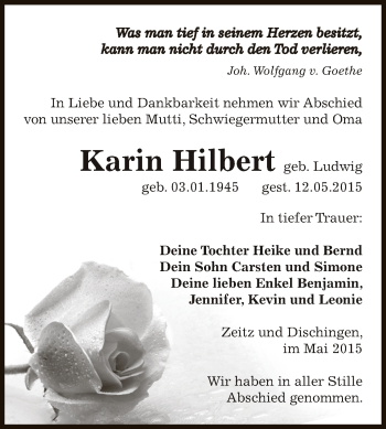 Traueranzeige von Karin Hilbert von Super Sonntag Zeitz