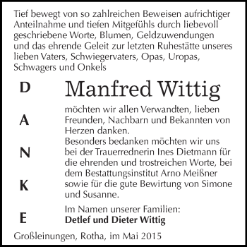 Traueranzeige von Manfred Wittig von Super Sonntag SGH Mansf. Land