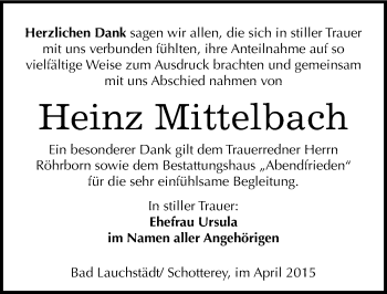 Traueranzeige von Heinz Mittelbach von Mitteldeutsche Zeitung Merseburg/Querfurt