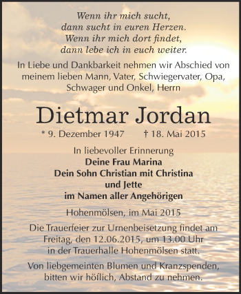Traueranzeige von Dietmar Jordan von WVG - Wochenspiegel NMB / WSF / ZTZ