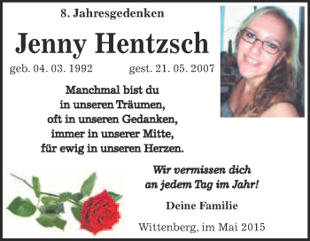 Traueranzeige von Jenny Hentzsch von Super Sonntag Wittenberg