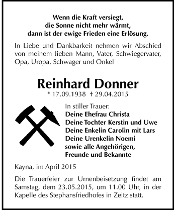 Traueranzeige von Reinhard Donner von Mitteldeutsche Zeitung Zeitz