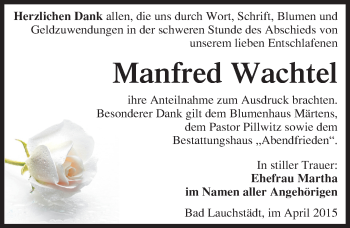 Traueranzeige von Manfred Wachtel von Mitteldeutsche Zeitung Merseburg/Querfurt