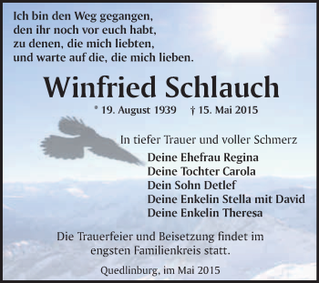 Traueranzeige von Winfried Schlauch von WVG - Wochenspiegel Quedlinburg