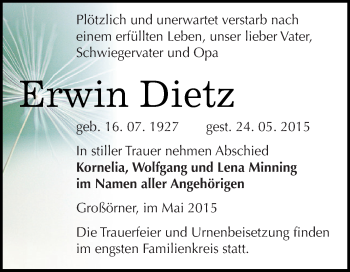 Traueranzeige von Erwin Dietz von Super Sonntag SGH Mansf. Land