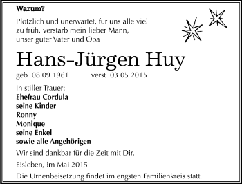 Traueranzeige von Hans-Jürgen Huy von Mitteldeutsche Zeitung Mansfelder Land
