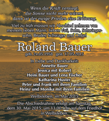 Traueranzeige von Roland Bauer von Super Sonntag Aschersleben