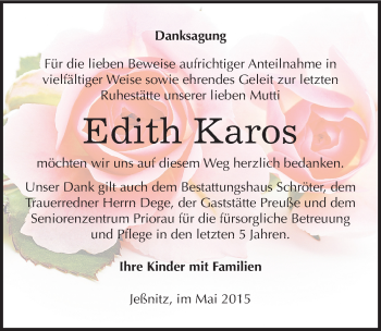 Traueranzeige von Edith Karos von Mitteldeutsche Zeitung Bitterfeld