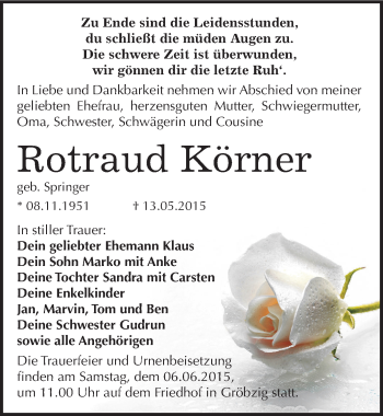 Traueranzeige von Rotraud Körner von Mitteldeutsche Zeitung Köthen