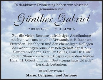 Traueranzeige von Günther Gabriel von WVG - Wochenspiegel Dessau / Köthen