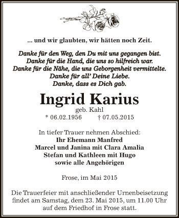 Traueranzeige von Ingrid Karius von Super Sonntag Aschersleben