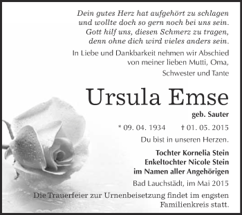 Traueranzeige von Ursula Emse von WVG - Wochenspiegel Merseburg