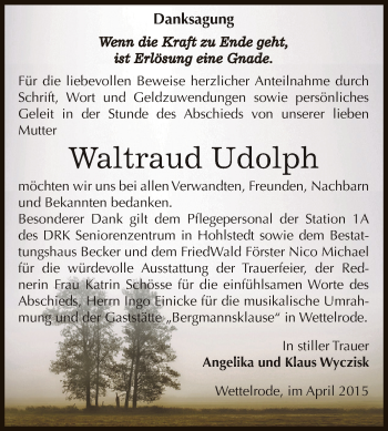 Traueranzeige von Waltraud Udolph von Super Sonntag SGH Mansf. Land
