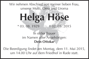 Traueranzeige von Helga Höse von WVG - Wochenspiegel Wittenberg