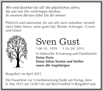 Traueranzeige von Sven Gust von Wochenspiegel Mansfelder Land