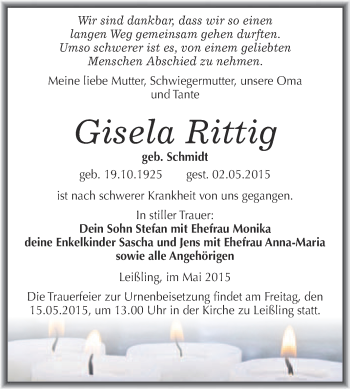 Traueranzeige von Gisela Rittig von WVG - Wochenspiegel NMB / WSF / ZTZ