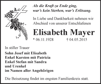 Traueranzeige von Elisabeth Mayer von Super Sonntag Bernburg