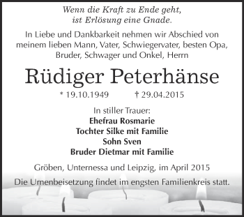 Traueranzeige von Rüdiger Peterhänse von WVG - Wochenspiegel NMB / WSF / ZTZ