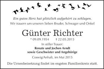 Traueranzeige von Günter Richter von Super Sonntag Wittenberg