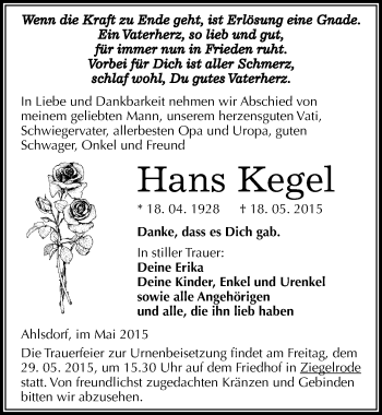 Traueranzeige von Hans Kegel von Mitteldeutsche Zeitung Mansfelder Land