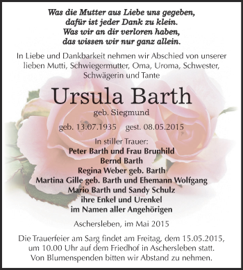 Traueranzeige von Ursula Barth von Super Sonntag Aschersleben
