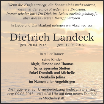 Traueranzeige von Dietrich Landeck von WVG - Wochenspiegel Merseburg