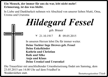 Traueranzeige von Hildegard Fessel von Mitteldeutsche Zeitung Quedlinburg
