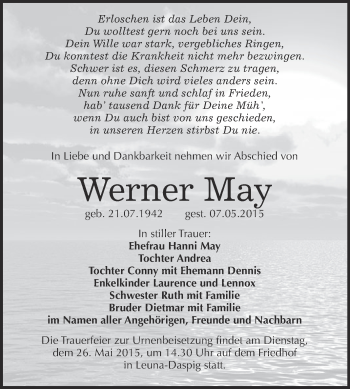 Traueranzeige von Werner May von WVG - Wochenspiegel Merseburg